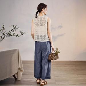 Cotton Linen Casual Ruffle Hems Wide Leg Ankle Pants