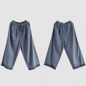 Cotton Linen Casual Ruffle Hems Wide Leg Ankle Pants