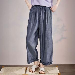 Cotton Linen Casual Ruffle Hems Wide Leg Ankle Pants