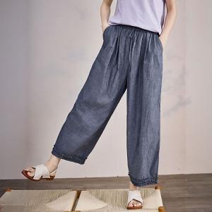 Cotton Linen Casual Ruffle Hems Wide Leg Ankle Pants