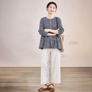 Pleated Hem Cotton Beige Wide Leg Teacher Pants