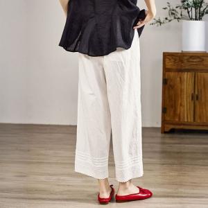Pleated Hem Cotton Beige Wide Leg Teacher Pants
