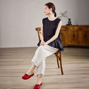 Pleated Hem Cotton Beige Wide Leg Teacher Pants