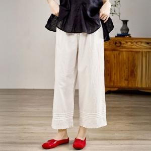 Pleated Hem Cotton Beige Wide Leg Teacher Pants