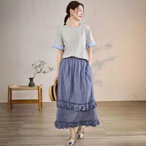 Blue Pinstriped Ruffle Cotton Tiered Skirt
