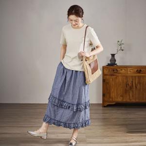 Blue Pinstriped Ruffle Cotton Tiered Skirt