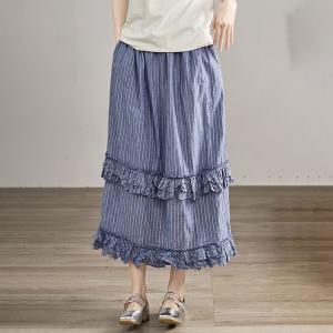 Blue Pinstriped Ruffle Cotton Tiered Skirt