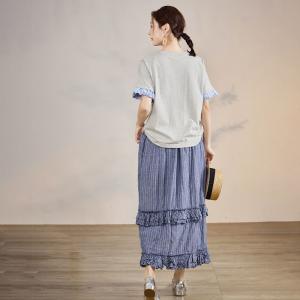Blue Pinstriped Ruffle Cotton Tiered Skirt