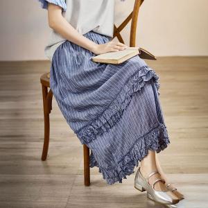 Blue Pinstriped Ruffle Cotton Tiered Skirt