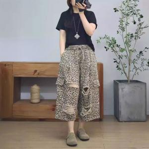Side Flap Pocket Wide Leg Leopard Ripped Jeans