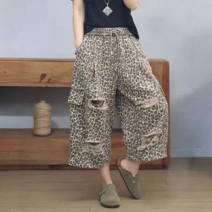 Side Flap Pocket Wide Leg Leopard Ripped Jeans