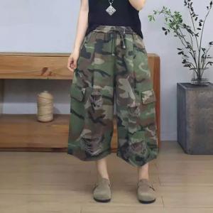 Versatile Wide Leg Ripped Camouflage Jeans