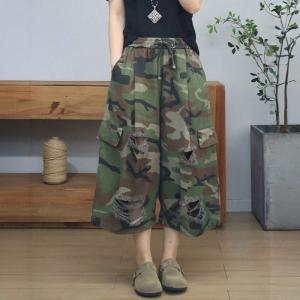 Versatile Wide Leg Ripped Camouflage Jeans