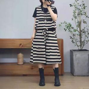 Causal Striped Tank Top with Cotton Wide Leg Pants