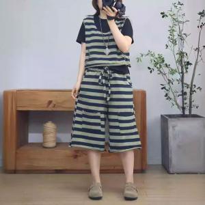 Causal Striped Tank Top with Cotton Wide Leg Pants