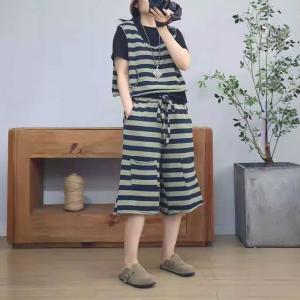 Causal Striped Tank Top with Cotton Wide Leg Pants