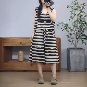 Causal Striped Tank Top with Cotton Wide Leg Pants