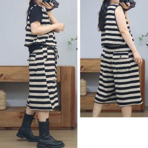 Causal Striped Tank Top with Cotton Wide Leg Pants