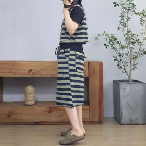 Causal Striped Tank Top with Cotton Wide Leg Pants