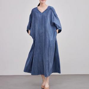 Modest Style V-Neck Loose Linen Blue Maxi Dress