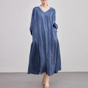Modest Style V-Neck Loose Linen Blue Maxi Dress