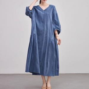 Modest Style V-Neck Loose Linen Blue Maxi Dress