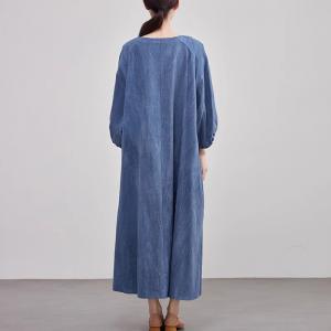 Modest Style V-Neck Loose Linen Blue Maxi Dress