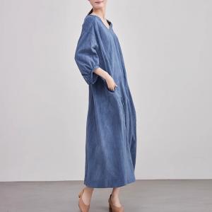 Modest Style V-Neck Loose Linen Blue Maxi Dress