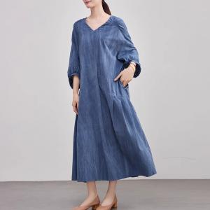 Modest Style V-Neck Loose Linen Blue Maxi Dress