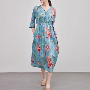 V-Neck Red Flowers Blue Ramie Wrap Dress