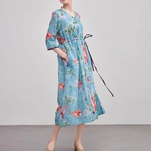V-Neck Red Flowers Blue Ramie Wrap Dress