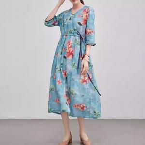 V-Neck Red Flowers Blue Ramie Wrap Dress