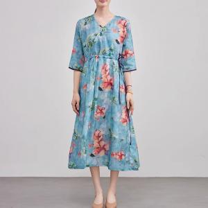 V-Neck Red Flowers Blue Ramie Wrap Dress