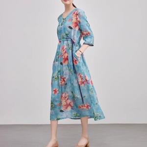 V-Neck Red Flowers Blue Ramie Wrap Dress