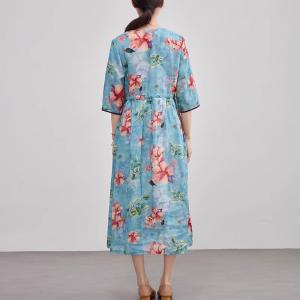 V-Neck Red Flowers Blue Ramie Wrap Dress