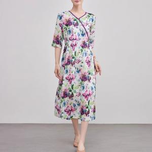 Summer V-Neck Printed Purple Belted Dress