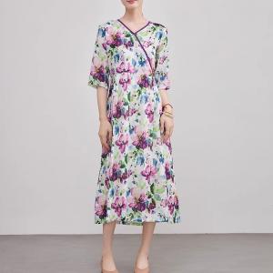 Summer V-Neck Printed Purple Belted Dress