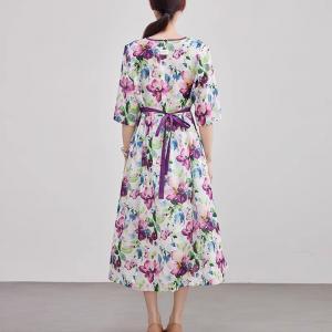 Summer V-Neck Printed Purple Belted Dress