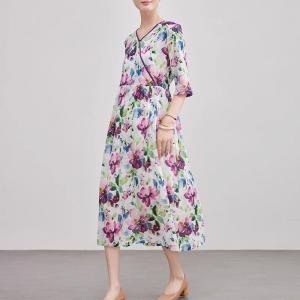 Summer V-Neck Printed Purple Belted Dress
