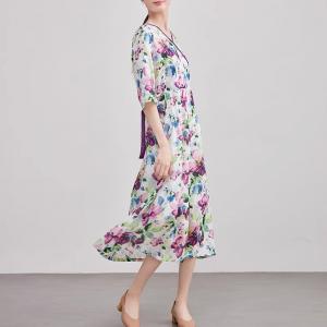 Summer V-Neck Printed Purple Belted Dress