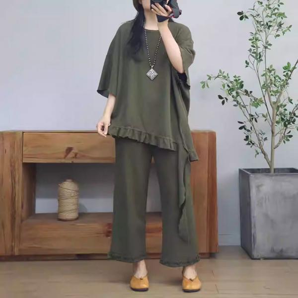 Casual Ruffled Asymmetrical T-shirt with Cotton Flare Pants