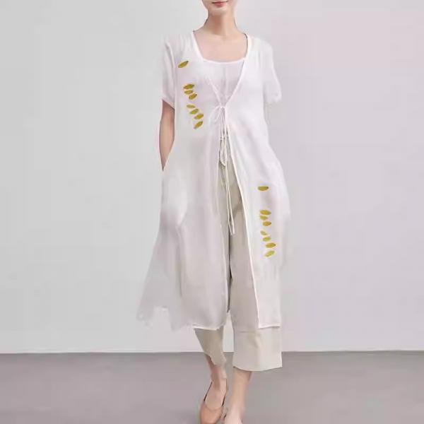 V-Neck Printed White Ramie Tied Cardigan