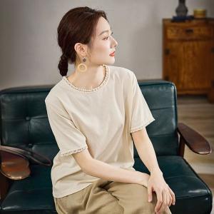 Lace Hem Summer Apricot Casual T-shirt