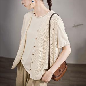 Lace Hem Summer Apricot Casual T-shirt