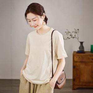 Lace Hem Summer Apricot Casual T-shirt