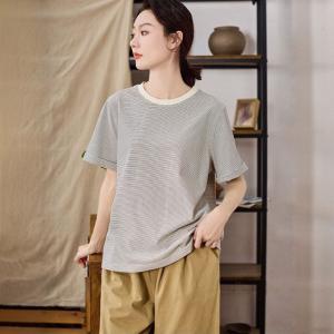 Crew Neck Casual Pinstriped T-shirt