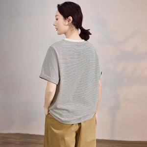 Crew Neck Casual Pinstriped T-shirt