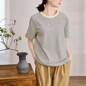 Crew Neck Casual Pinstriped T-shirt