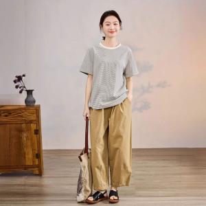 Crew Neck Casual Pinstriped T-shirt