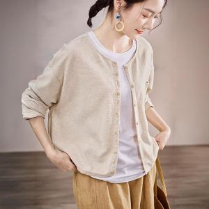 Cotton Linen Long Sleeves Pinstriped Cardigan